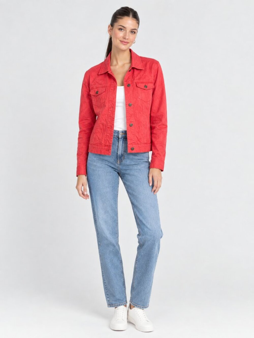 J. Jill Cropped Utility Trucker Jacket Denim Shacket Red Coral Medium #A4601